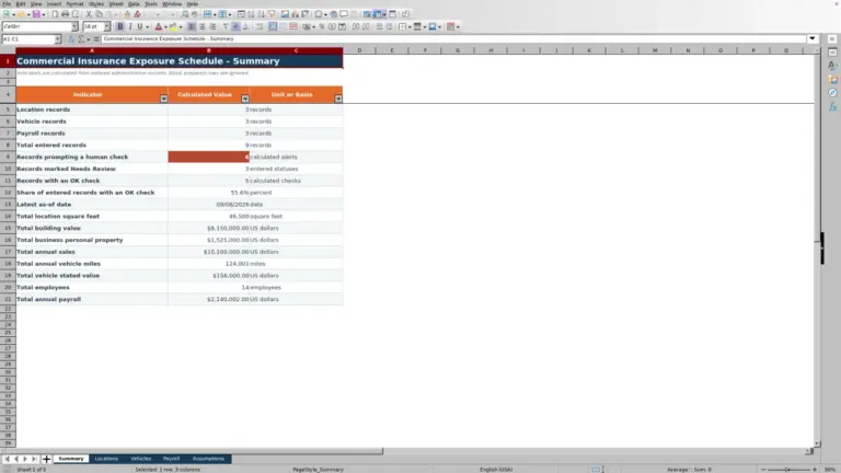 Preview of Commercial Insurance Exposure Schedule Excel Template