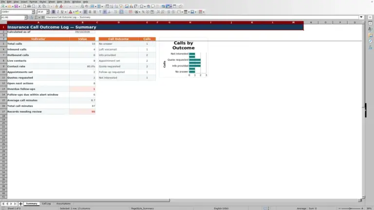 Preview of Insurance Call Outcome Log Excel Template