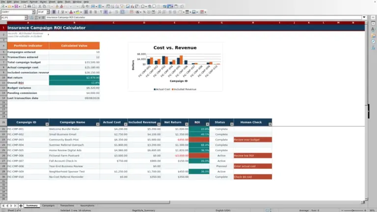 Preview of Insurance Campaign ROI Calculator Excel Workbook
