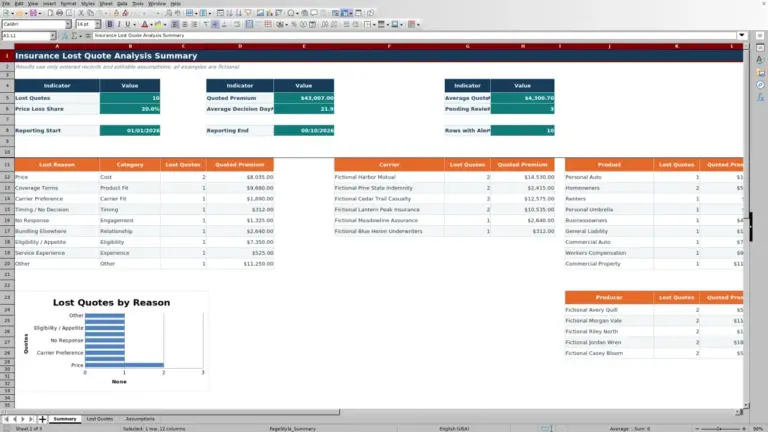 Preview of Insurance Lost Quote Analysis Excel Workbook