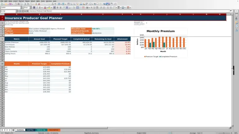 Preview of 2026 Insurance Producer Goal Planner for Excel