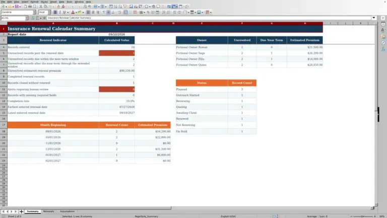 Preview of Insurance Renewal Calendar Spreadsheet for Excel