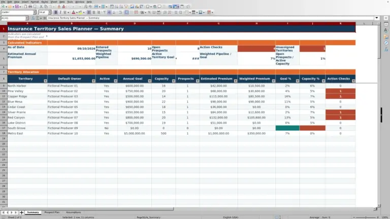 Preview of Insurance Territory Sales Planner Excel Workbook